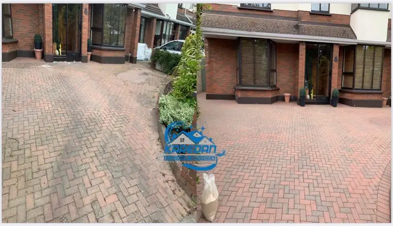 Red and grey block-paved driveway before and after power washing